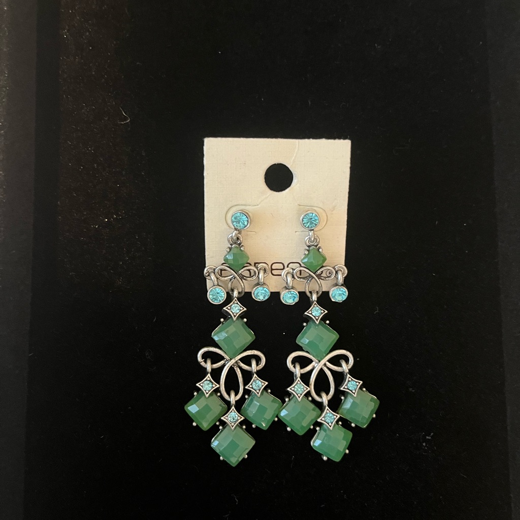 Green And Silver Chandelier Costume Earrings With Turquoise Rhinestones